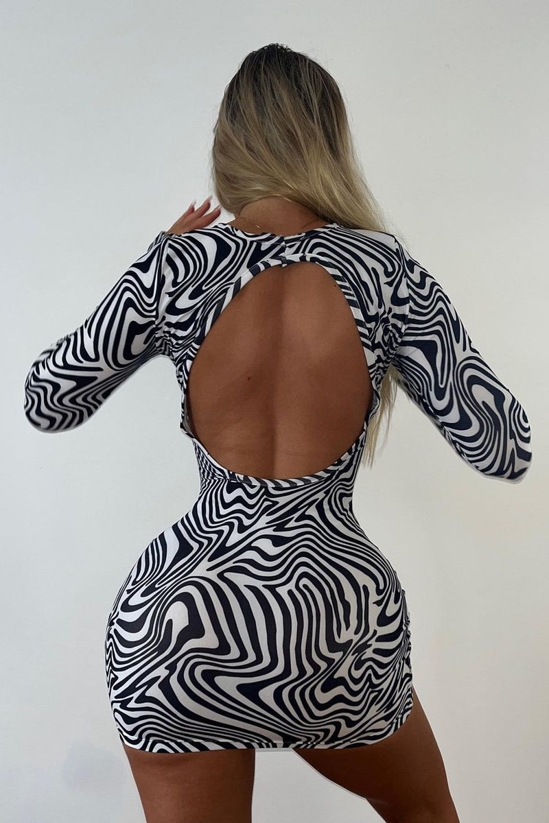 Black Swirl Print Open Back Mini Dress