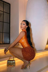 Orange Metallic One Shoulder Bodysuit & Mini Skirt Co-Ord