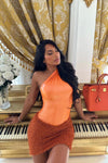 Orange Metallic One Shoulder Bodysuit & Mini Skirt Co-Ord