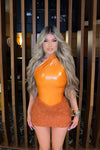 Orange Metallic One Shoulder Bodysuit & Mini Skirt Co-Ord