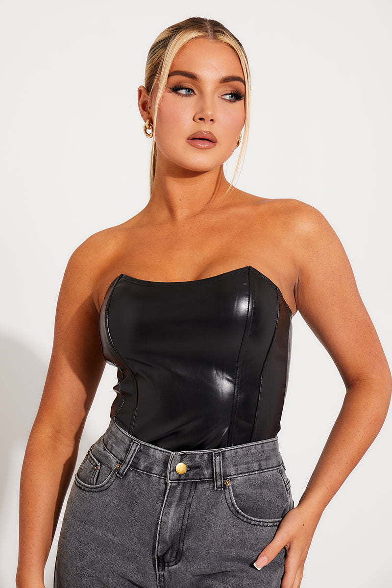 Black Faux Leather Boned Corset Crop Top
