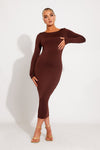 Brown Scoop Neck Backless Long Sleeve Midi Dress