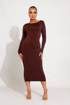 Brown Scoop Neck Backless Long Sleeve Midi Dress