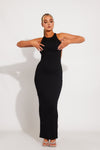 Black Ribbed High Neck Cross Back Maxi Dress