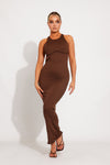 Brown Ribbed High Neck Cross Back Maxi Dress