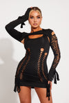 Black Cut Out Braid Detail Long Sleeve Mini Dress