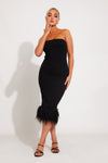 Black Strapless Feather Detail Corset Midi Dress