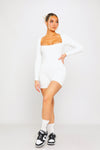 White Seamless Square Neck Long Sleeve Playsuit