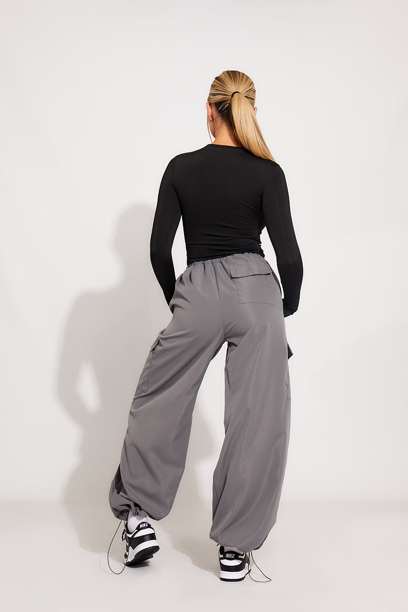 Grey Low Rise Oversized Parachute Cargo Pants