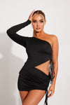 Black Asymmetric One Shoulder Crop Top & Mini Skirt