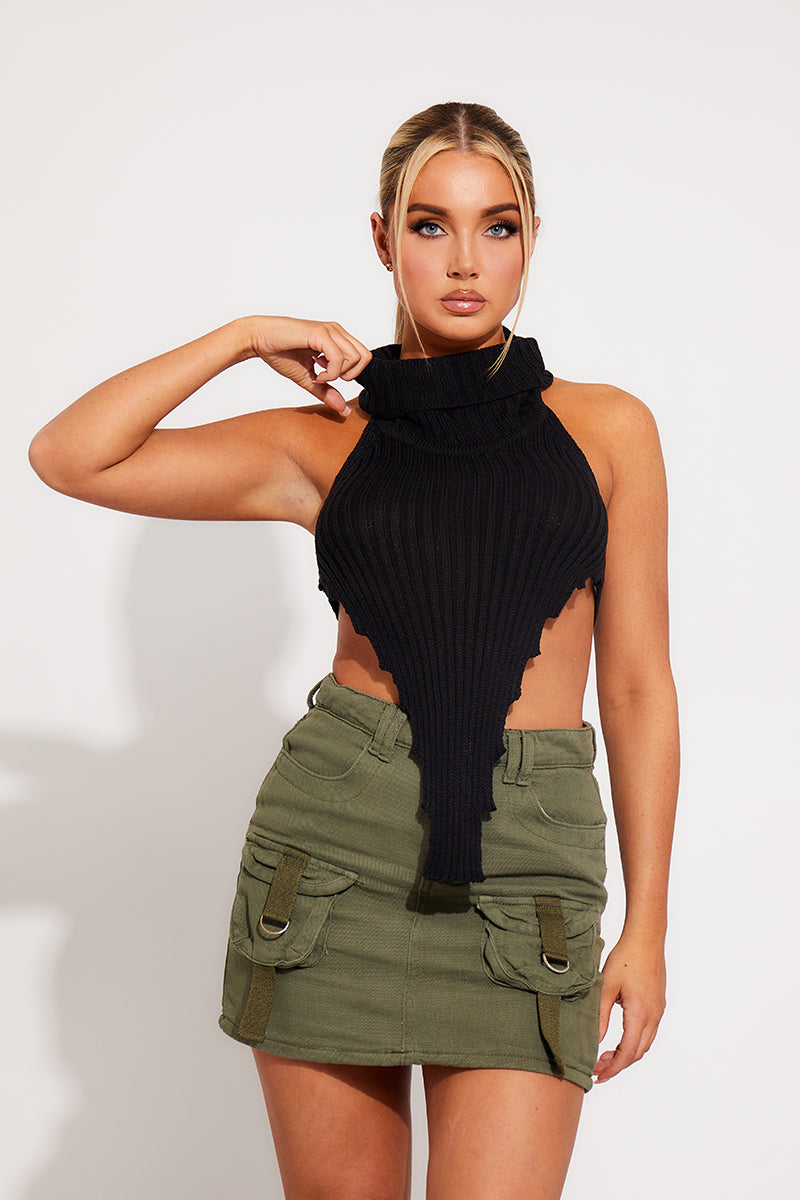 Black Knit Turtle Neck Open Back Crop Top