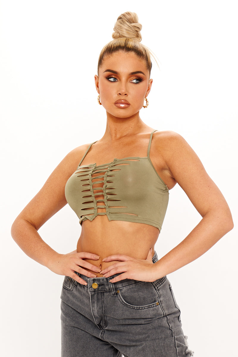 Khaki Slash Detail Cut Out Crop Top