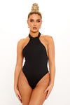 Black Ribbed High Neck Halter Racer Bodysuit