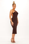 Brown Halter Ruched Backless Bodycon Midi Dress