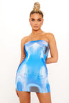Blue Body Print Graphic Strapless Bandeau Mini Dress