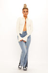 Cream Textured Open Front Collared Bell Sleeve Shirt