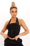 Black Halter Corset Hook & Eye Detail Crop Top