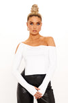 White Off Shoulder Split Detail Long Sleeve Crop Top