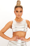 Silver Metallic Sleeveless Padded Puffer Crop Top