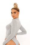 Grey Marl High Neck Zip Detail Long Sleeve Bodysuit