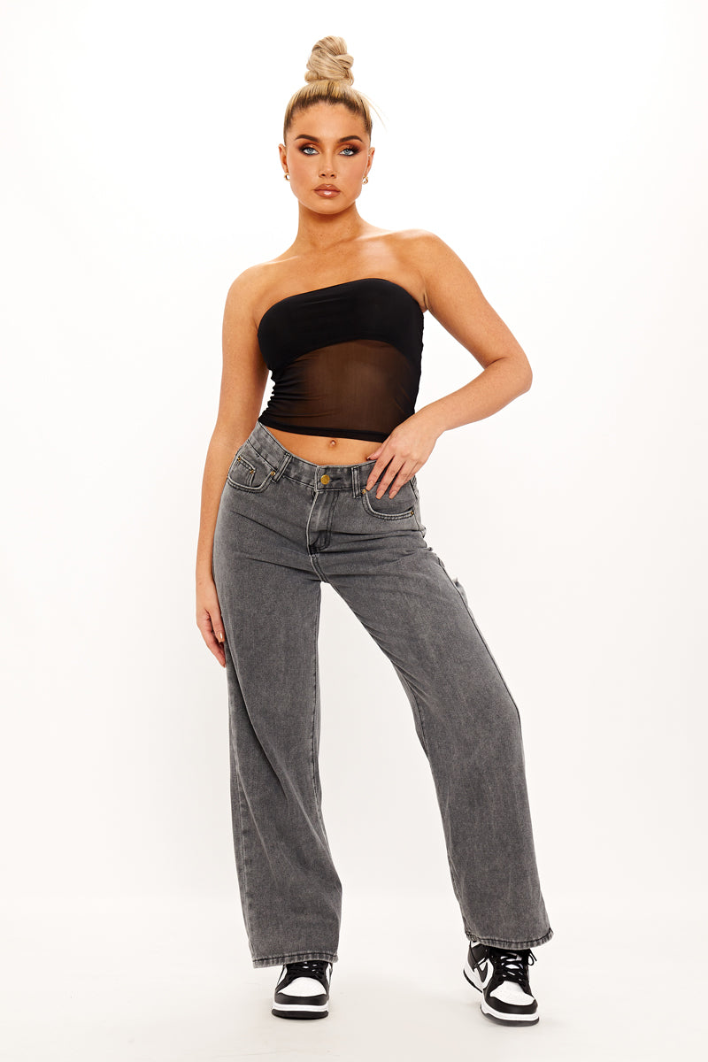 Black Mesh Insert Detail Bandeau Crop Top