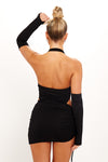 Black Tie Detail High Leg Bodysuit & Ruched Mini Skirt