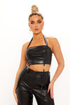 Black Faux Leather Halter Tassel Detail Crop Top