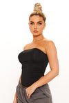 Black Ruched Bandeau Curved Hem Crop Top