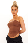 Brown Ruched Bandeau Curved Hem Crop Top