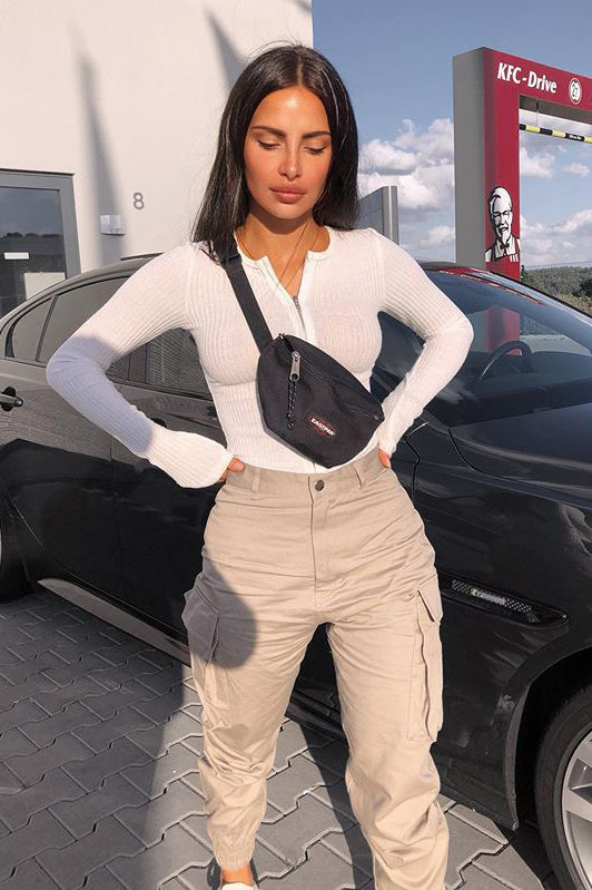 White Ribbed Zip Front High Neck Bodysuit