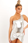 Silver Metallic One Shoulder Bodysuit & Knot Mini Skirt Co-Ord
