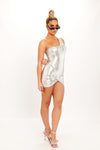Silver Metallic One Shoulder Bodysuit & Knot Mini Skirt Co-Ord