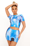 Blue Body Print Graphic Crop Top & Mini Skirt Co-Ord