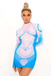 Blue High Neck Body Print Long Sleeve Mini Dress