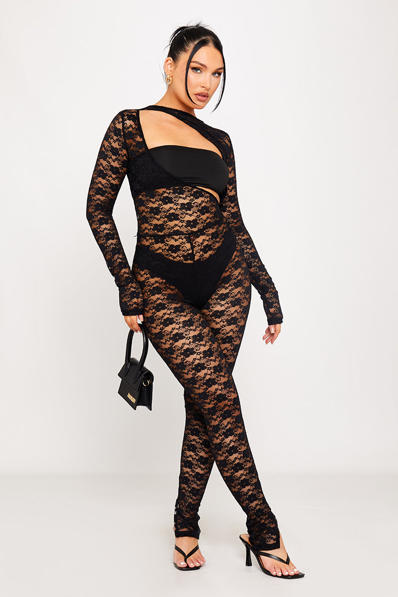 Black Lace Cut Out Detail Long Sleeve Jumpsuit