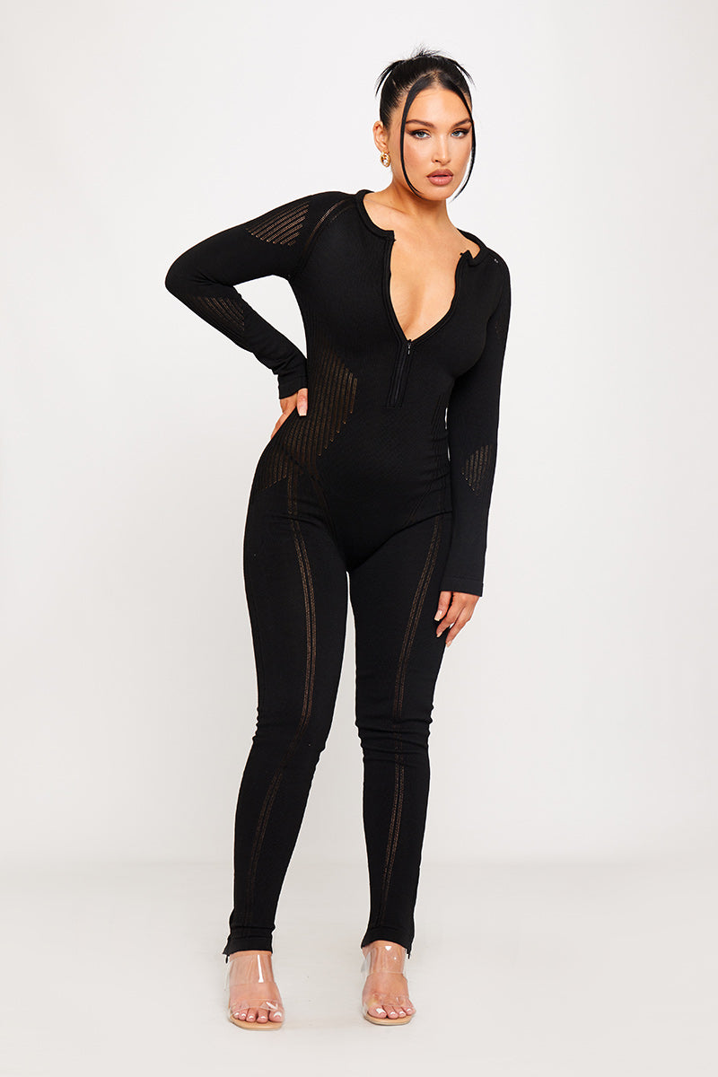 Black Knitted Zip Detail Contour Jumpsuit