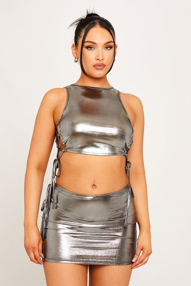 Silver Metallic Side Tie Detail Crop Top & Mini Skirt