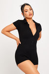 Black Ribbed Button Detail Collared Playsuit
