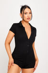 Black Ribbed Button Detail Collared Playsuit