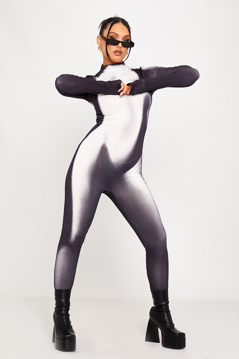 Black High Neck Body Print Long Sleeve Jumpsuit