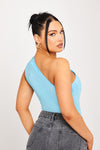 Blue Metallic One Shoulder Ruched Bodysuit