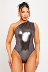 Grey Metallic One Shoulder Ruched Bodysuit