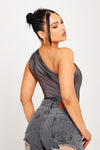 Grey Metallic One Shoulder Ruched Bodysuit