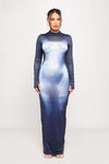 Blue High Neck Body Heat Print Long Sleeve Maxi Dress