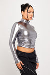Silver Metallic High Neck Ruched Long Sleeve Crop Top
