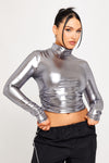 Silver Metallic High Neck Ruched Long Sleeve Crop Top