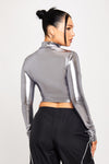 Silver Metallic High Neck Ruched Long Sleeve Crop Top