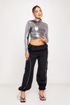 Silver Metallic High Neck Ruched Long Sleeve Crop Top