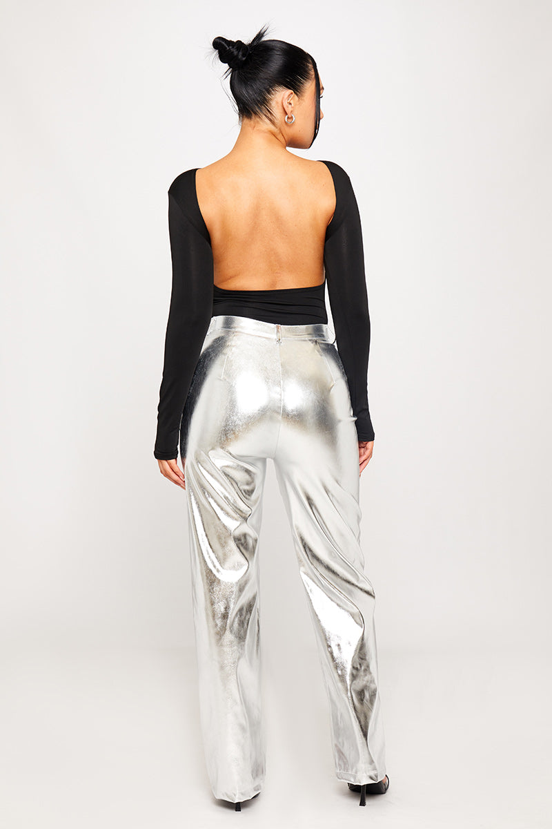 Silver Metallic Straight Leg High Waisted Jeans