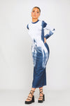 Blue & White Body Art Print High Neck Midi Dress